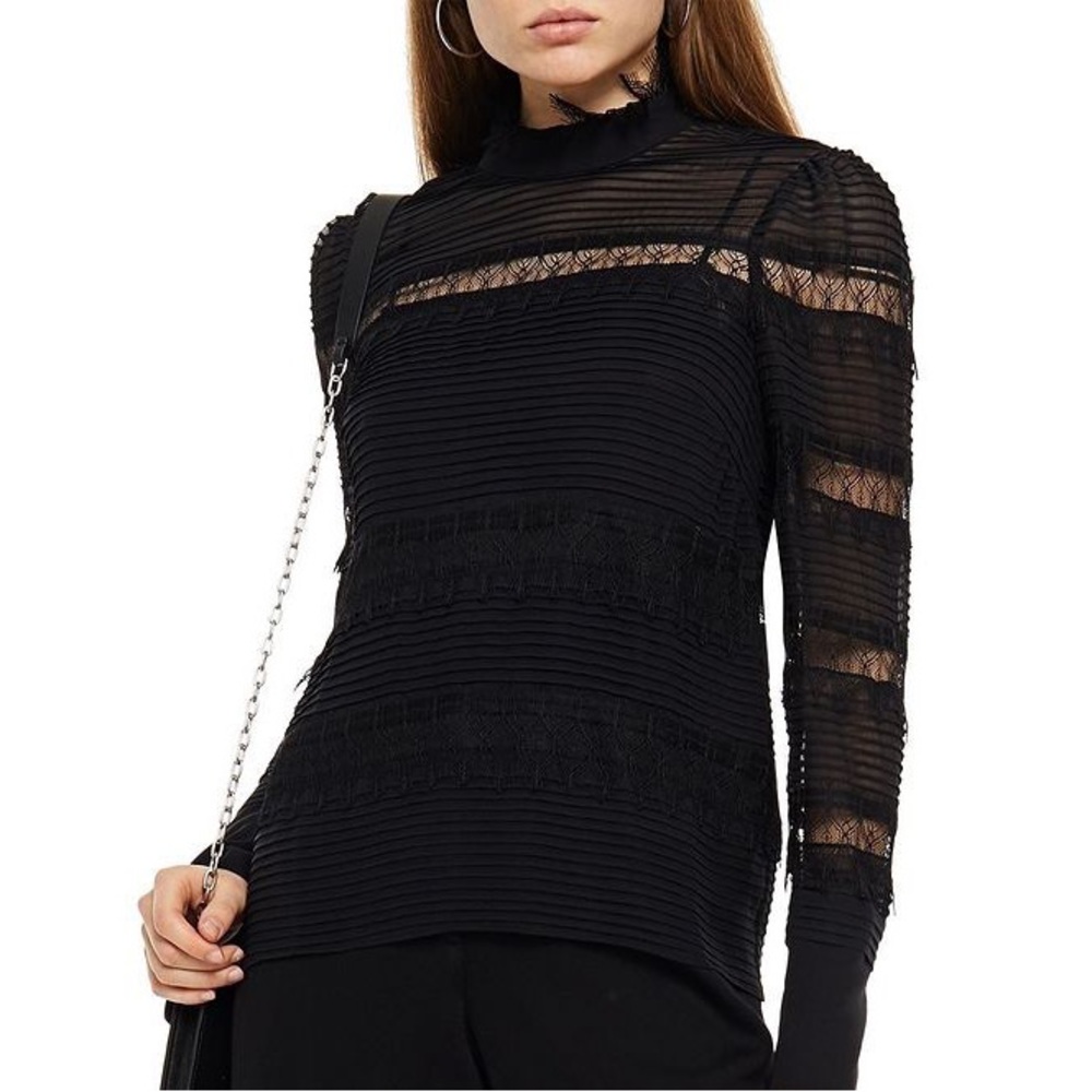 NWT Frame Nora Lace Trim Pintuck Silk Blouse Black XS